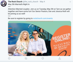 A good looking couple sitting on a couch, announcing a zoom meeting they will hold for the RockChurch. This was posted on twitter.