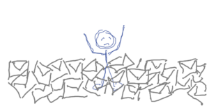 Catoon, stick figure drawing of a person and unopened mail in envelopes
