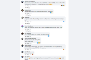 A log between the Marin County Sheriff and a user on Facebook, warning the user to not call 911 for updates on the cell phone outage. Doing so jeopardizes the entire emergency network.